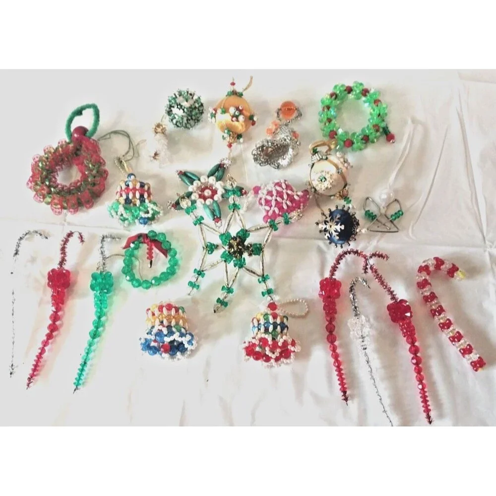 21 Lot Christmas Beaded Ornaments Bells Candle Wreath Icicle Candy Cane Push Pin